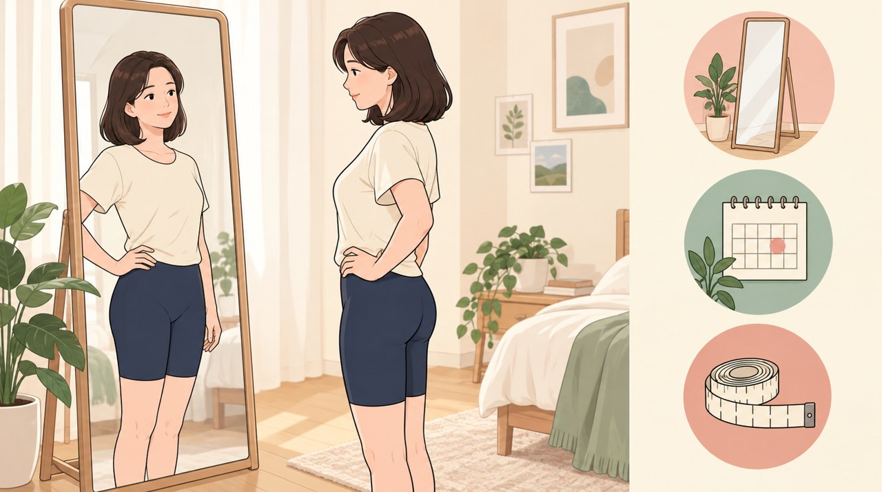 엉덩이축소 지방흡입 후 거울 앞에서 옆모습을 확인하는 여성을 그린 웹툰 스타일 삽화 - 거울, 달력, 줄자 아이콘