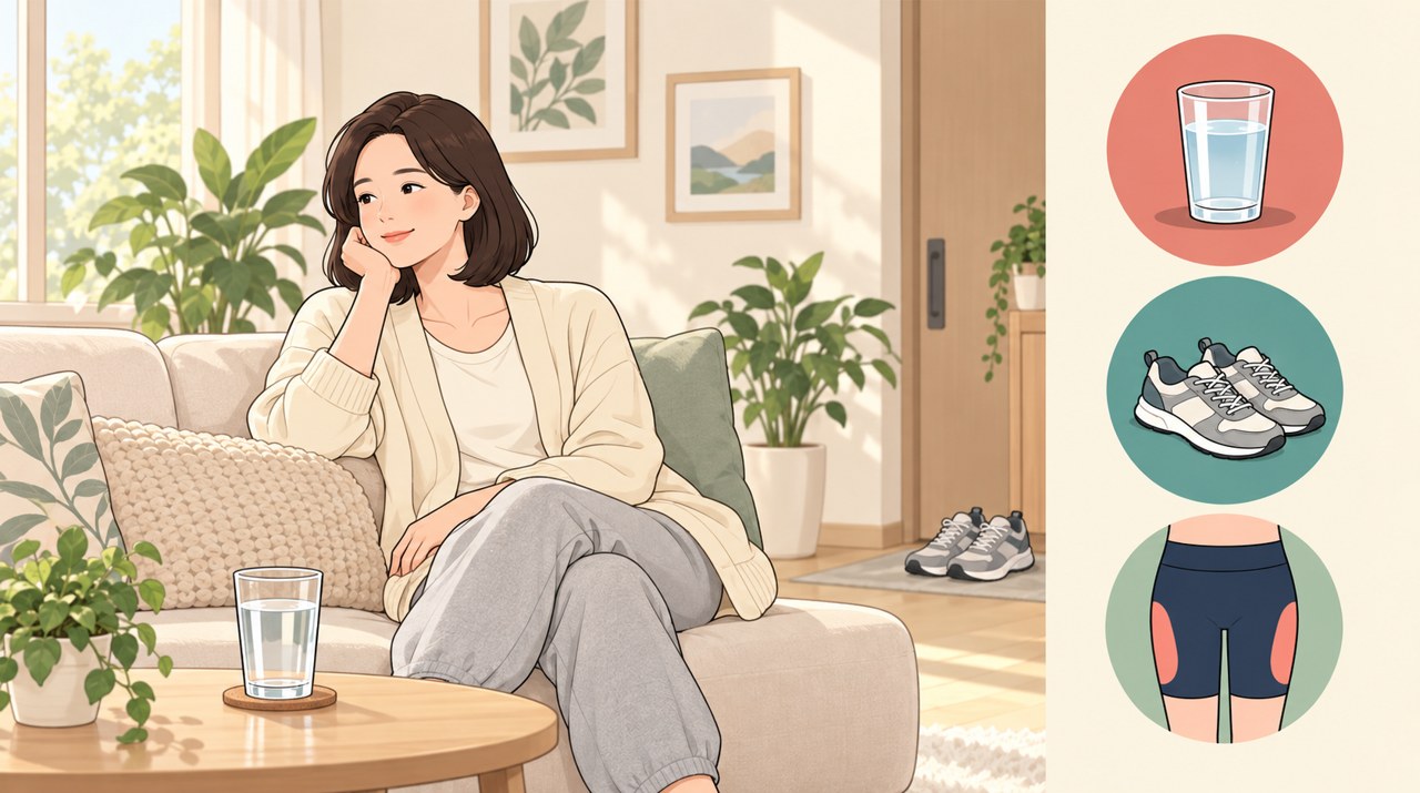 창가 소파에서 물 한 잔을 두고 편안히 쉬는 여성을 그린 웹툰 스타일 삽화 - 물, 운동화, 압박복 아이콘