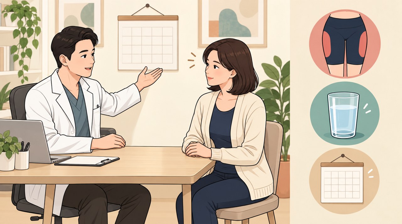 복부지방흡입 후 회복 경과를 상담실에서 설명하는 의사와 환자를 그린 웹툰 스타일 삽화 - 압박복, 물, 달력 아이콘