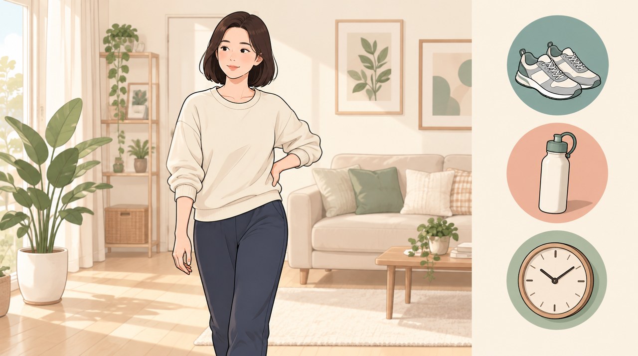 복부지방흡입 후 집에서 천천히 걷는 여성을 그린 웹툰 스타일 삽화 - 운동화, 물병, 시계 아이콘