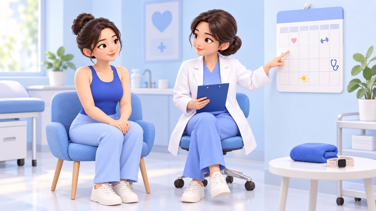 엉덩이축소 지방흡입 회복 일정을 달력으로 설명하는 의료진과 파란 운동복 차림으로 경청하는 여성을 그린 3D 만화 스타일 삽화
