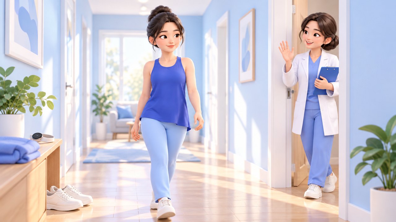 파란 운동복 차림의 여성이 집 복도를 천천히 걷고 의료진이 응원하는 모습을 그린 3D 만화 스타일 삽화 - 엉덩이축소 지방흡입 후 활동을 점차 늘리기
