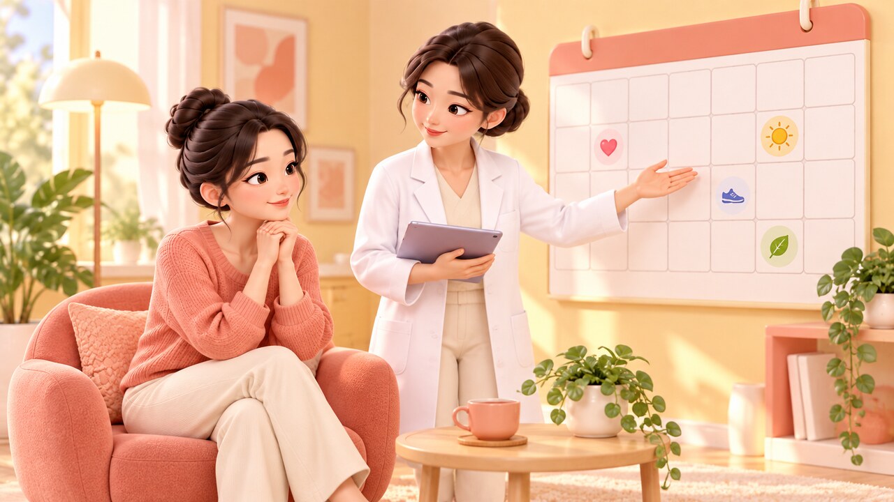 엉덩이축소 지방흡입 회복 일정을 한 달 달력 전체로 짚어 주는 의료진과 편안하게 듣는 여성