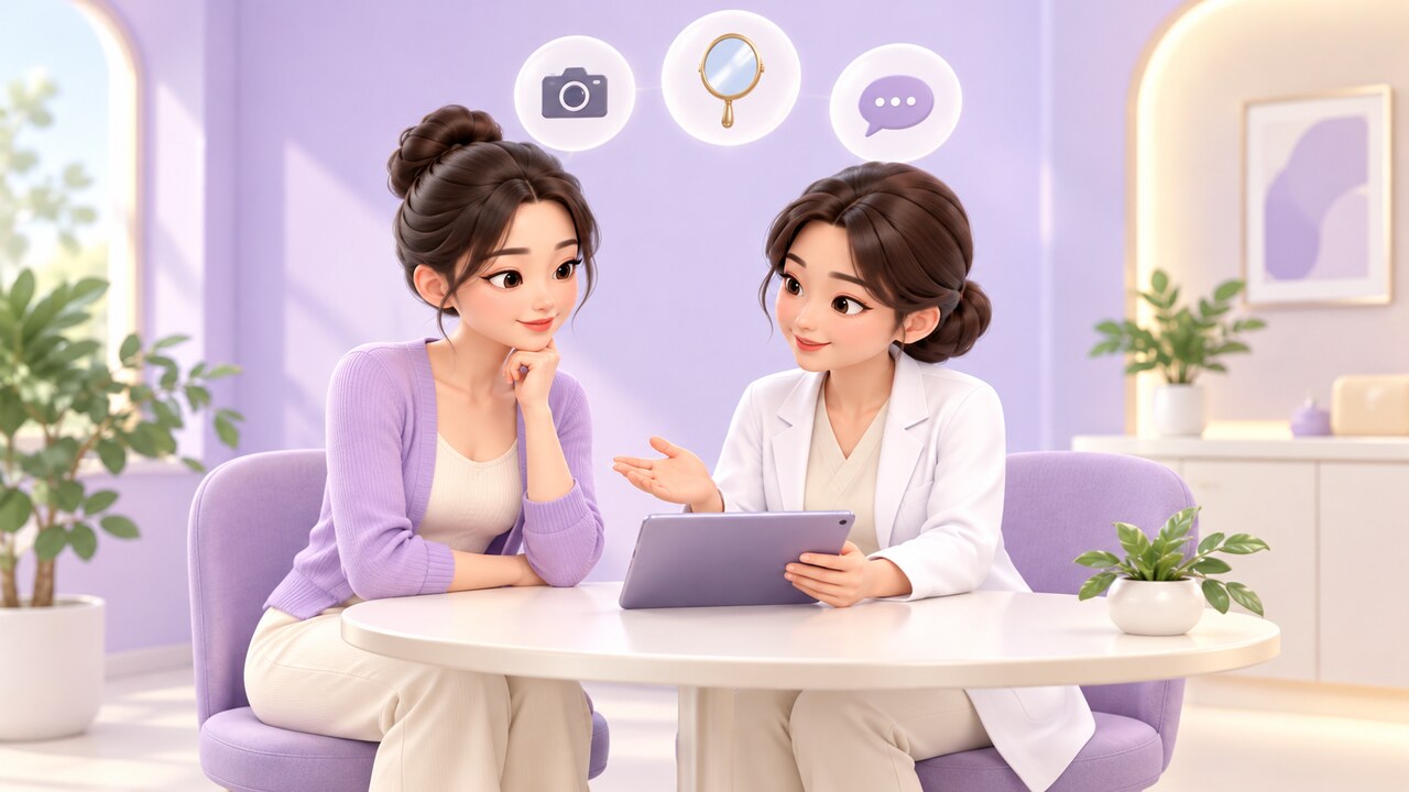 엉덩이축소 지방흡입 후 좌우 차이와 주름을 의료진과 함께 사진으로 확인하는 상담 장면