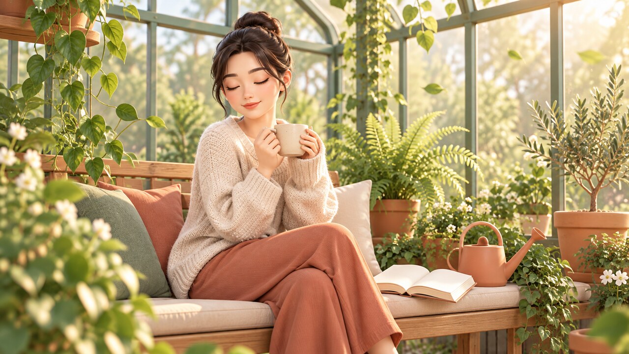 엉덩이축소 지방흡입 회복 기간에 온실 벤치에서 차 한 잔으로 마음을 돌보는 여성
