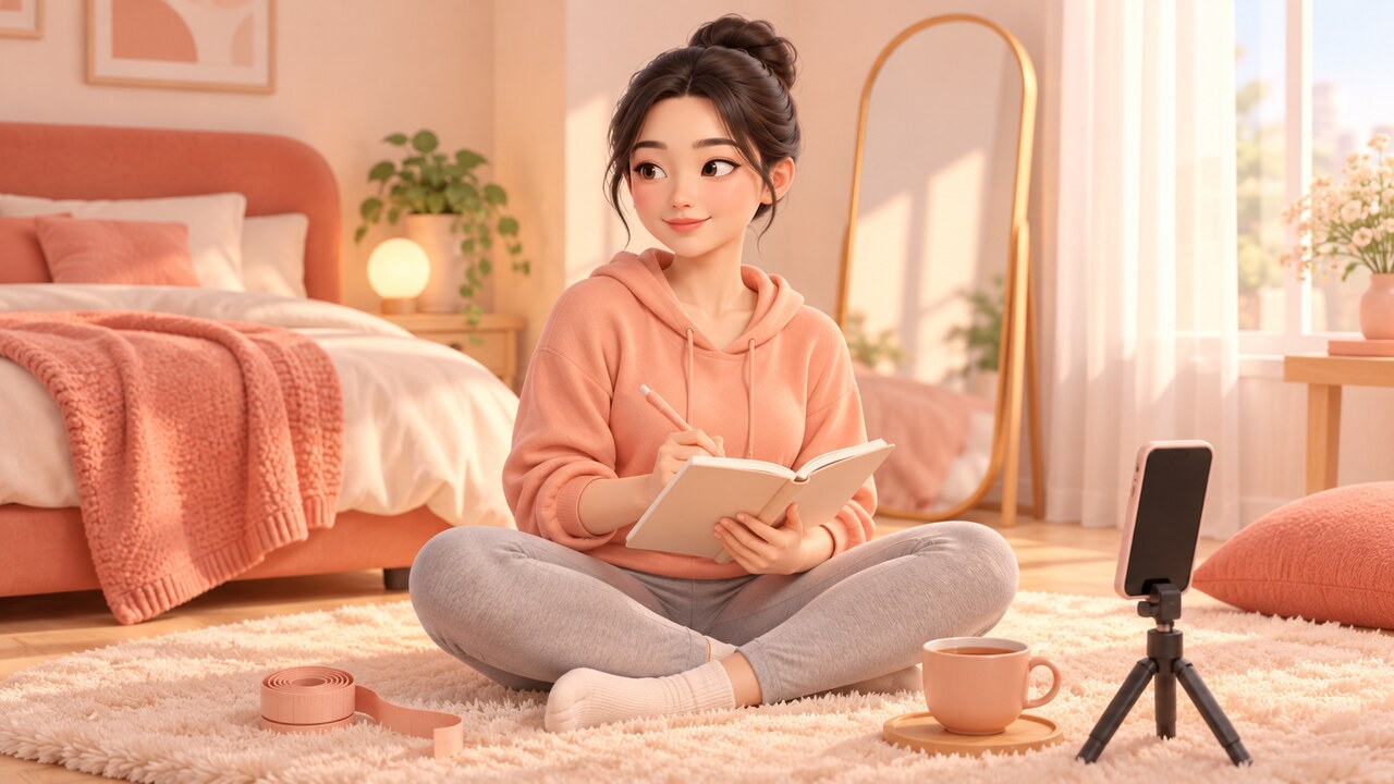 엉덩이축소 지방흡입 후 줄자와 휴대폰 사진으로 회복 과정을 차분히 기록하는 여성
