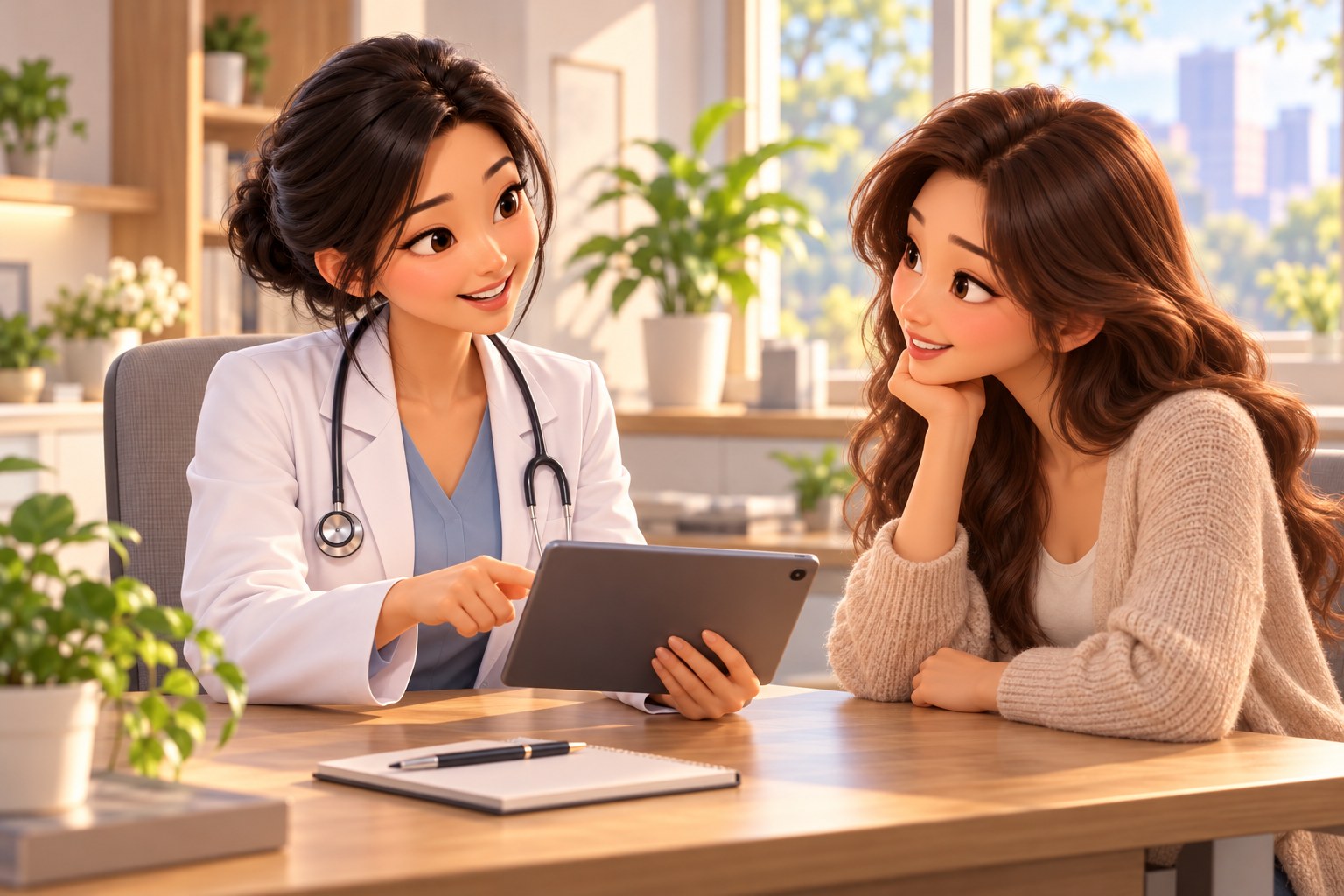밝은 상담실에서 여성 의료진이 태블릿으로 엉덩이 지방흡입 회복 일정과 확인 기준을 설명하고 환자가 귀 기울여 듣는 3D 일러스트