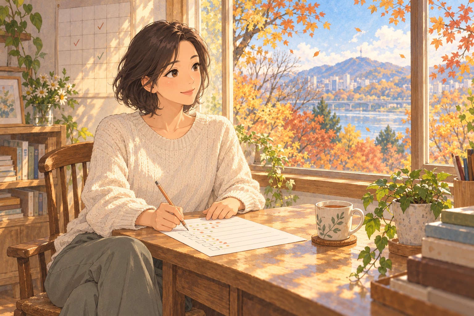 회복을 기다리며 기록표와 달력에 체크하는 장면