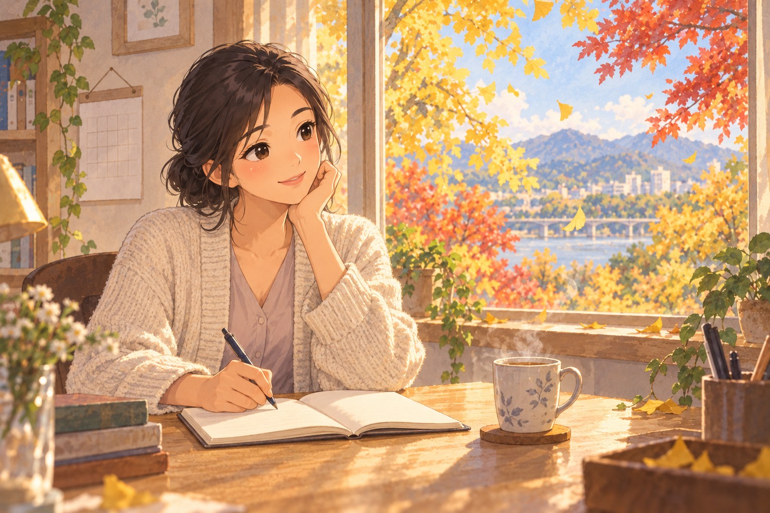 엉덩이축소 지방흡입 재수술 날짜를 정하기 전, 가을 창가에서 노트에 걱정을 적어 보는 여성