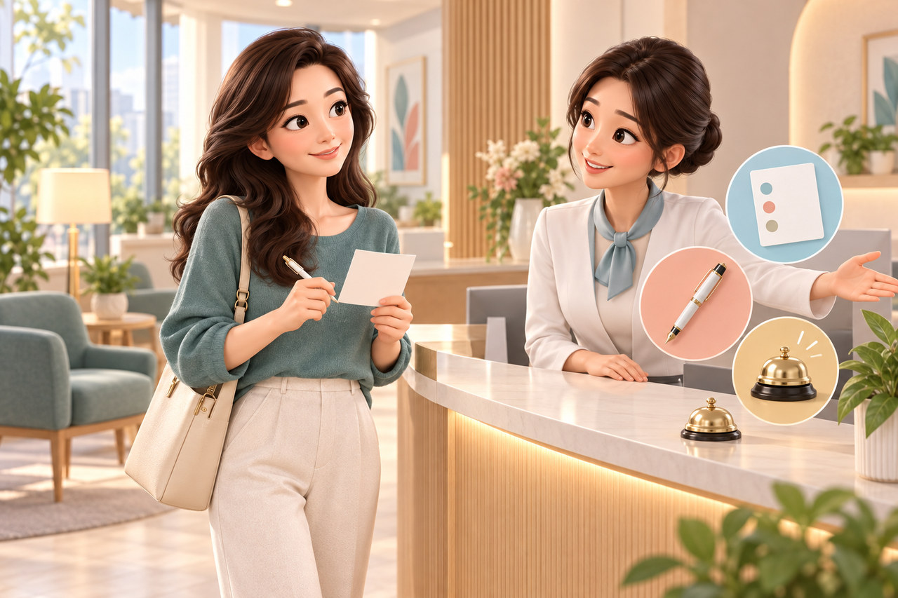 경과 확인을 위해 질문 카드를 들고 병원 접수를 하는 여성 일러스트