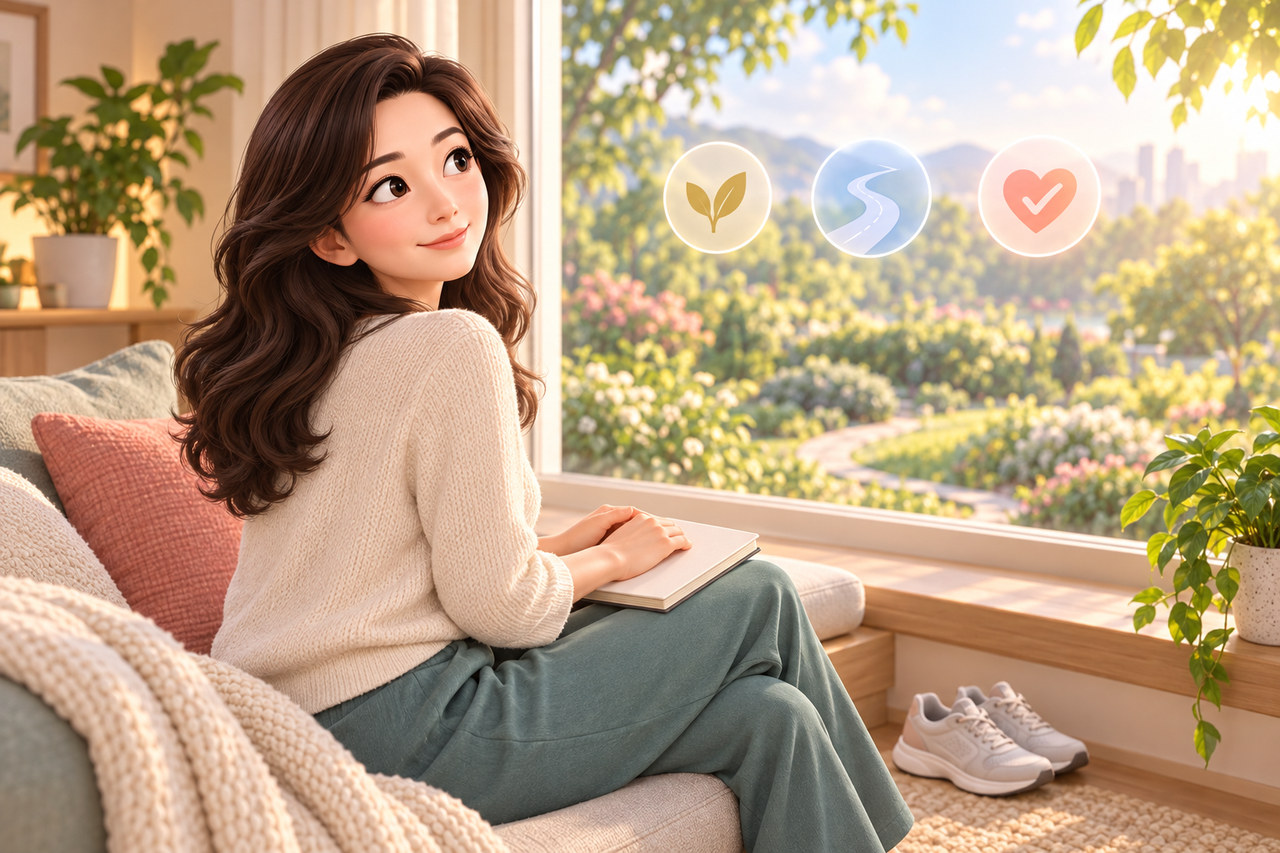 창가에서 회복 노트를 마무리하며 일상을 돌아보는 여성 일러스트