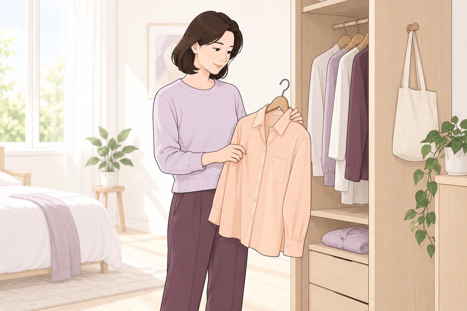 밝은 아침 침실의 옷장 옆에서 라벤더색 니트를 입은 여성이 옷걸이에 걸린 살구색 앞여밈 셔츠를 허리 높이로 들고 살펴보는 웹툰 스타일 그림