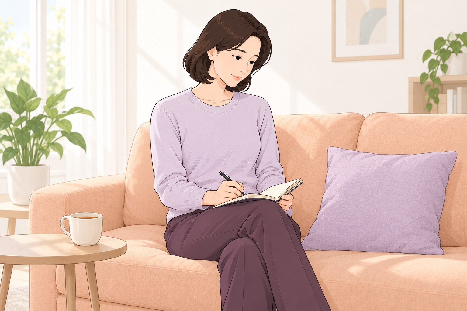 오후 거실 소파에서 잠시 쉬며 작은 수첩에 그날의 느낌을 적는 여성, 옆 탁자에 찻잔과 쿠션이 놓인 웹툰 스타일 그림