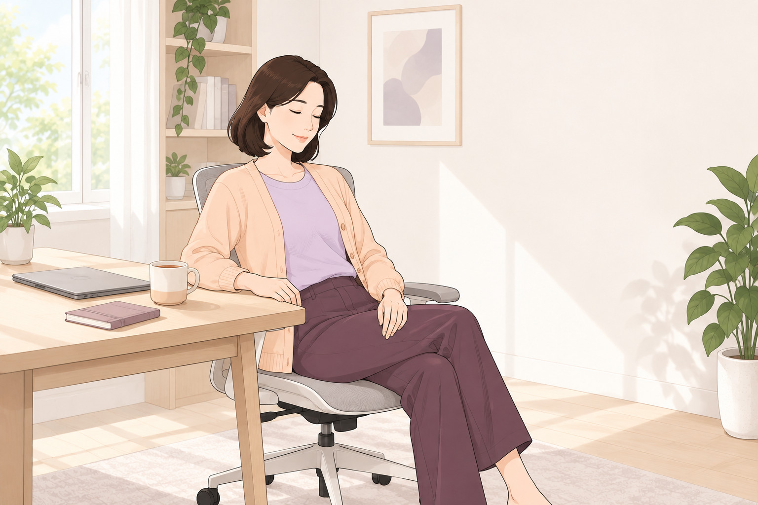 밝은 서재의 업무 책상 앞에서 노트북을 닫아 두고 의자 등받이에 편하게 기대어 쉬는 여성, 책상 위에 찻잔과 작은 수첩이 놓인 웹툰 스타일 그림