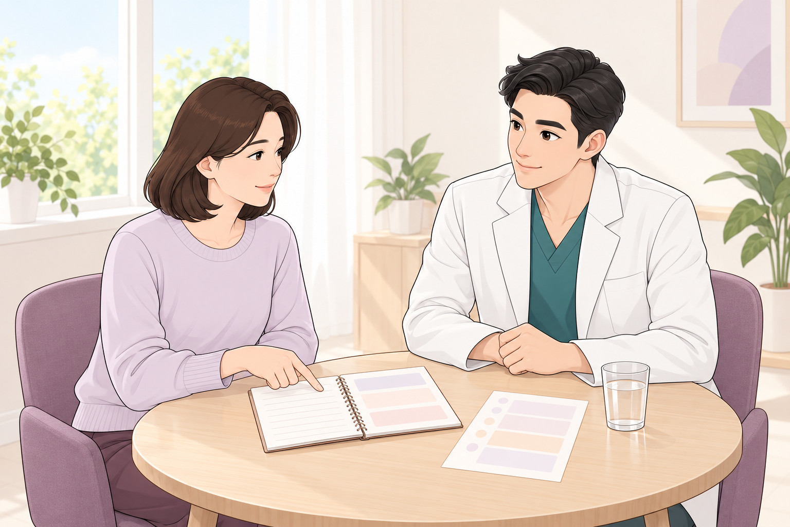 밝은 상담실 둥근 탁자에서 여성이 수첩의 질문 메모와 일정표를 짚으며 묻고, 흰 가운을 입은 의사가 귀 기울여 듣는 웹툰 스타일 그림