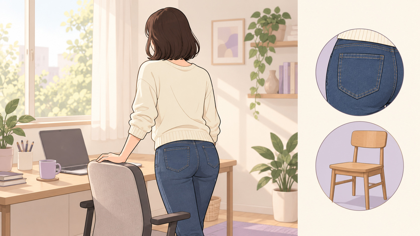 옷을 입은 여성이 사무용 의자에서 일어서는 뒷모습 - 청바지를 입고 일어설 때 뒤태가 신경 쓰이는 일상 장면 웹툰 삽화