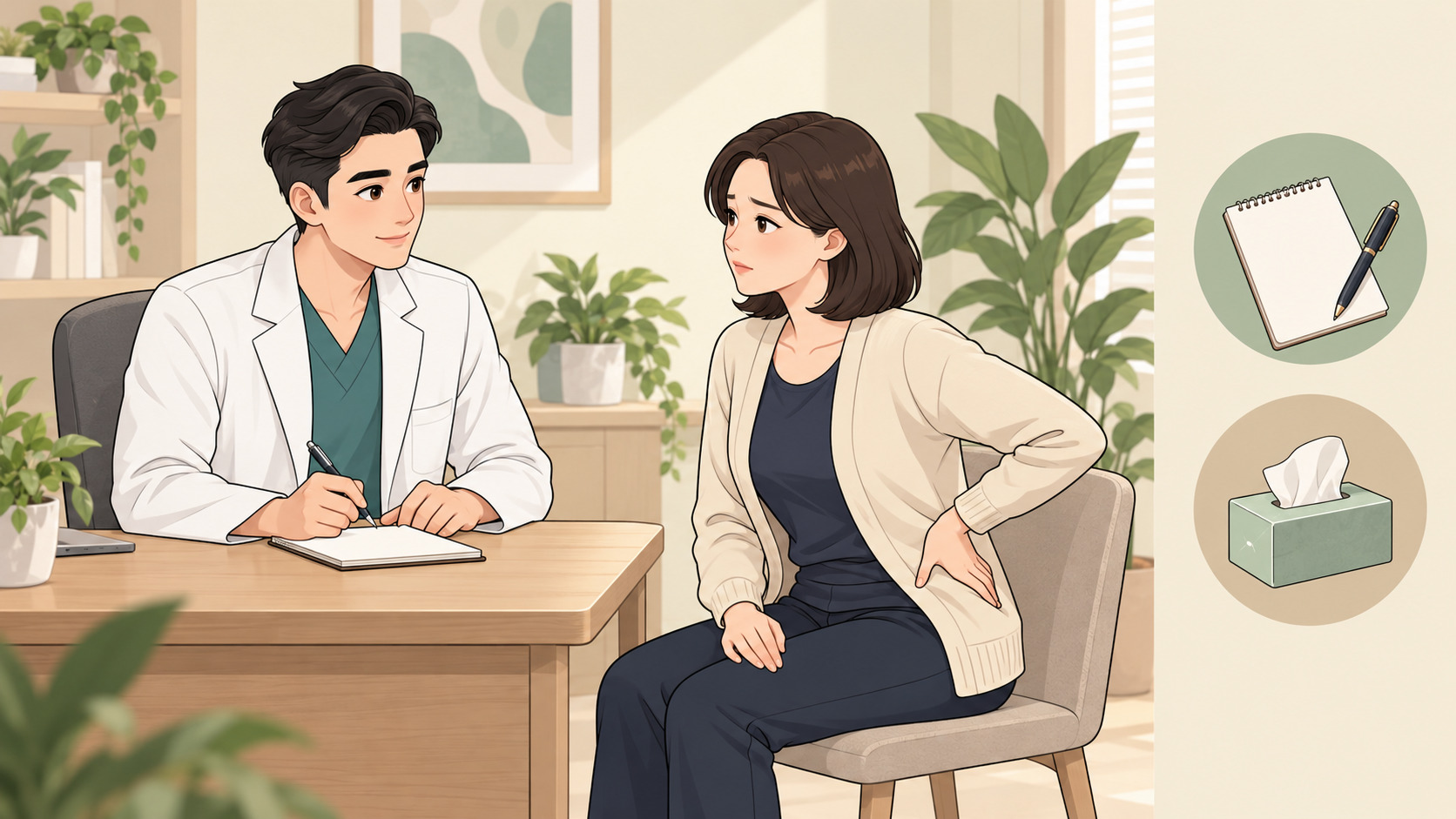 진료실에서 의사와 상담하며 엉덩이 쪽 라인 고민을 이야기하는 여성 - 상담 장면 웹툰 삽화
