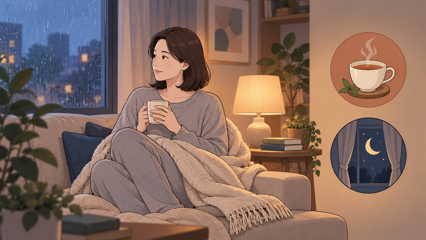 비 오는 저녁 소파에서 담요를 두르고 차를 들고 쉬는 여성 - 수술 후 회복의 시간을 서두르지 않고 보내는 장면 웹툰 삽화