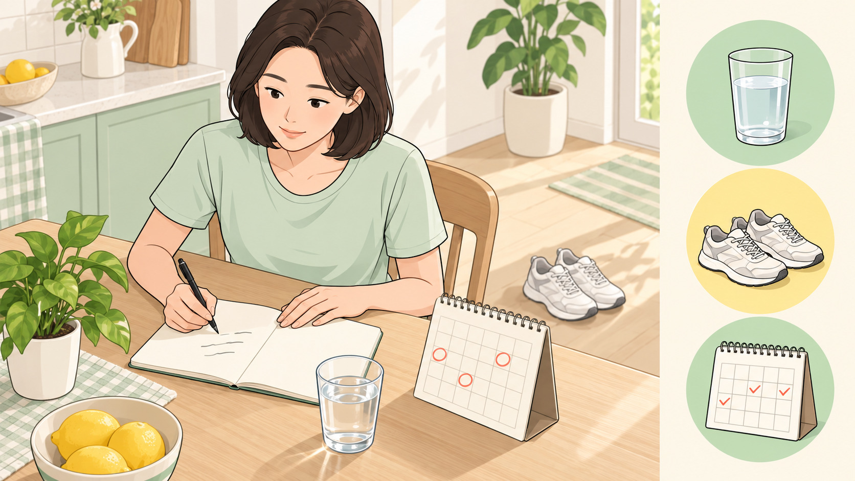 식탁에서 노트에 몸 상태를 기록하는 여성 곁의 물잔, 운동화, 달력 - 회복기 기록 습관 웹툰 삽화