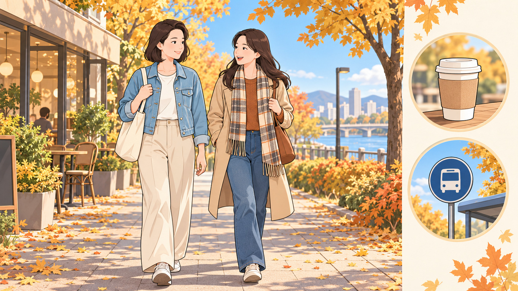 가을 공원길을 편하게 걷는 두 여성 - 회복 후 일상으로 서서히 돌아오는 모습 웹툰 삽화