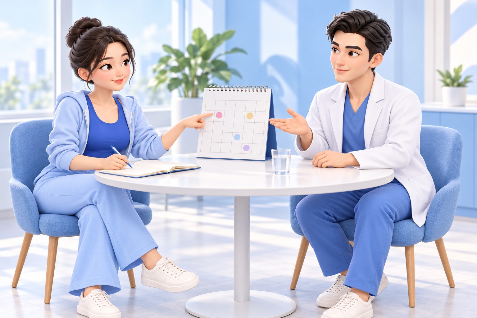 수술 전 상담에서 의료진과 환자가 탁상 달력과 노트를 함께 보며 평소 일정과 준비사항을 확인하는 3D 만화 일러스트