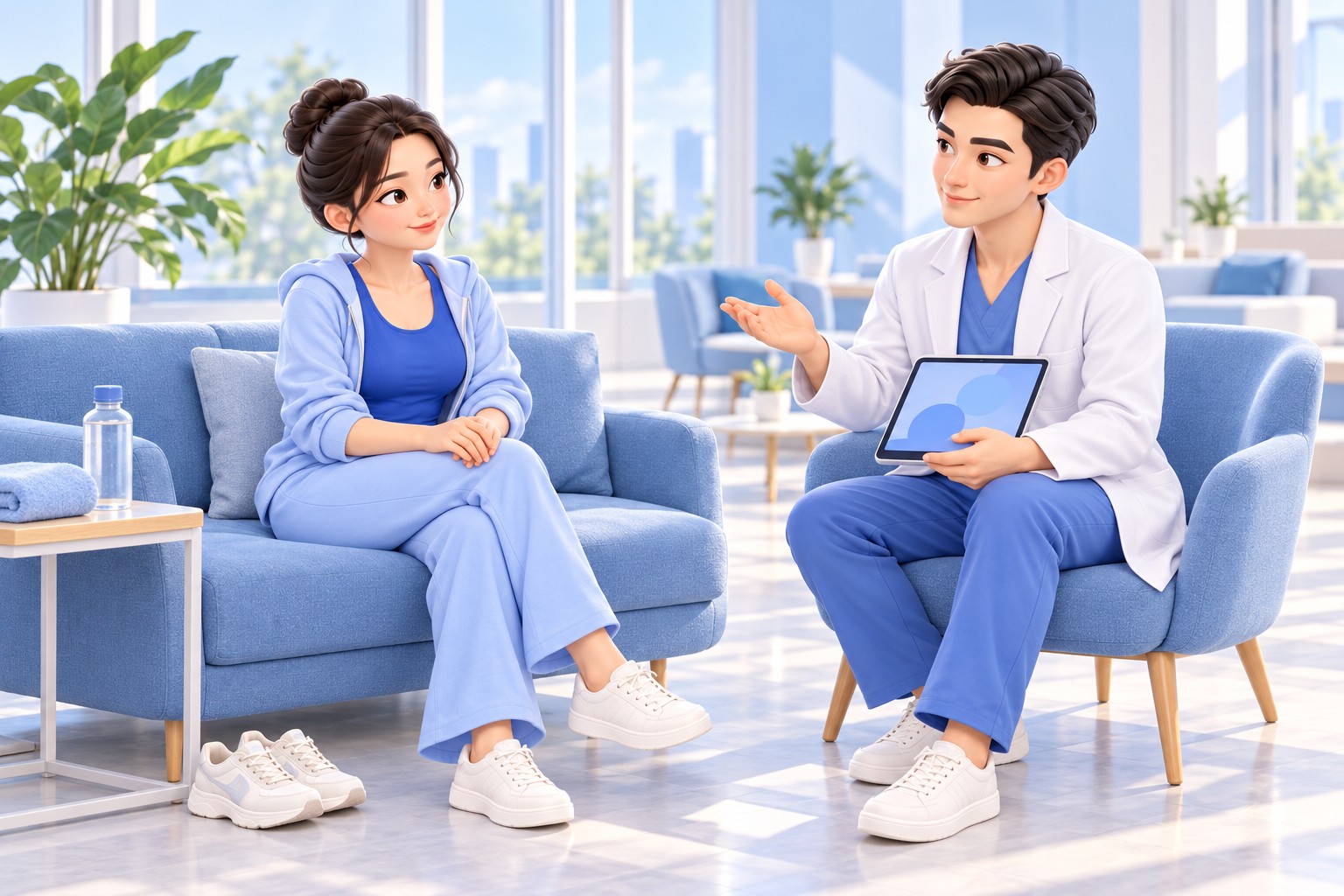 넓은 경과 상담 공간에서 의료진이 태블릿을 보며 환자에게 회복 상태에 맞춘 일상·운동 복귀 계획을 설명하는 3D 만화 일러스트