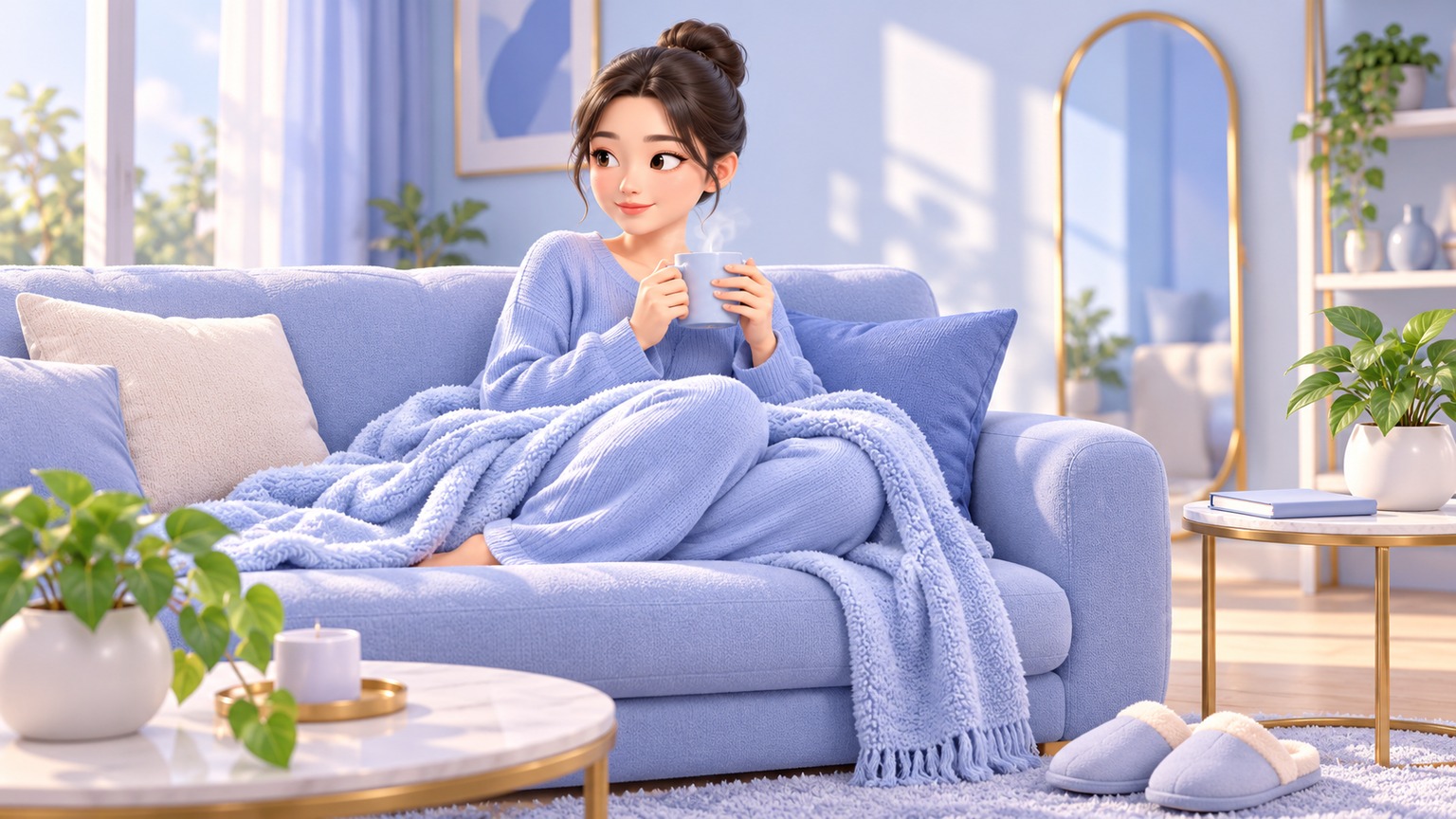 엉덩이 지방흡입 후 집에서 담요를 덮고 따뜻한 차를 들며 편안히 쉬는 여성을 그린 3D 만화풍 일러스트