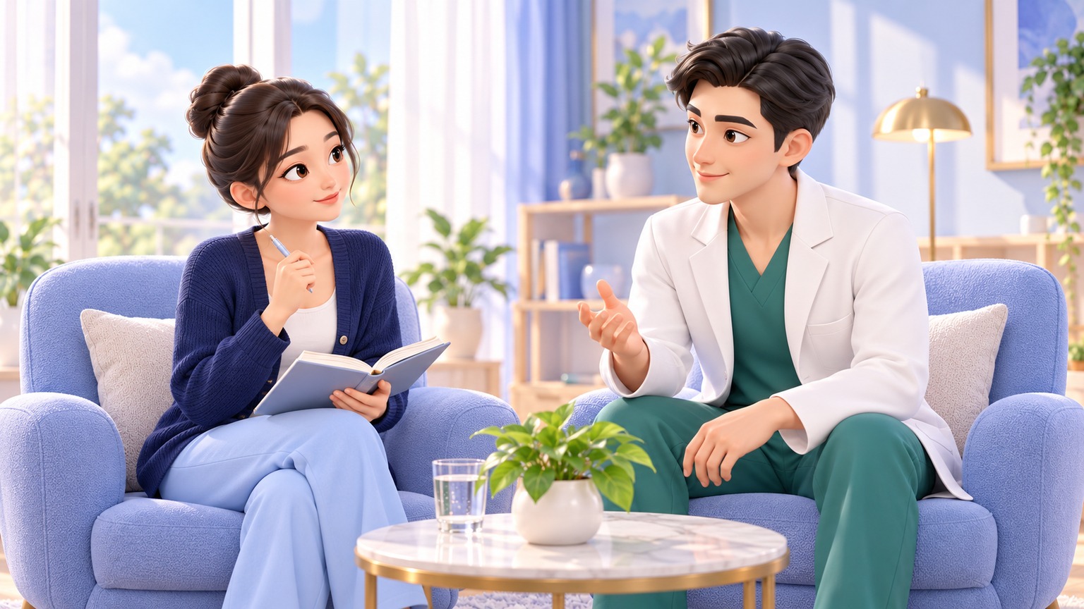여성이 질문을 적어 둔 노트를 펴 들고 상담실 소파에서 의료진에게 회복 관련 궁금한 점을 묻는 3D 만화풍 일러스트
