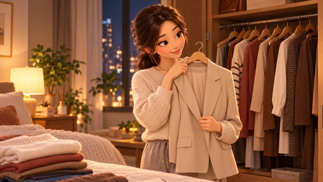 옷장 앞에서 내일 입을 재킷을 골라 들어 보이는 여성의 3D 애니메이션 스타일 그림