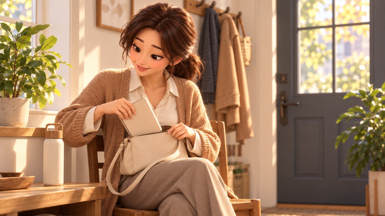 현관 옆 의자에 앉아 가방에 노트를 챙기는 여성의 3D 애니메이션 스타일 그림