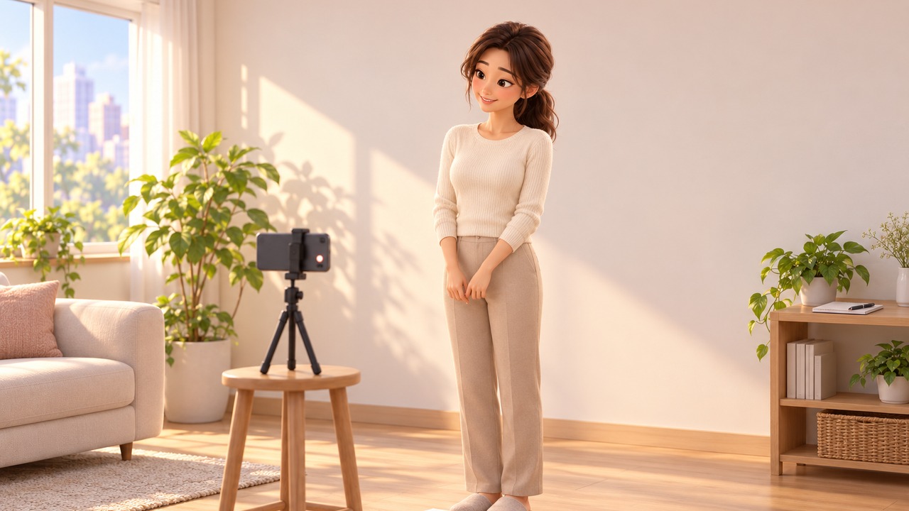 거실에서 삼각대 위 휴대전화 앞에 편한 옷차림으로 서 있는 여성의 3D 애니메이션 스타일 그림