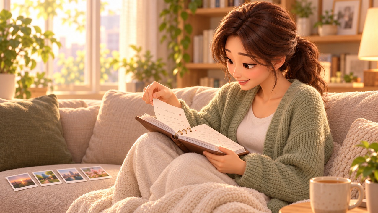 소파에서 주간 노트를 펼쳐 보는 여성의 3D 애니메이션 스타일 그림
