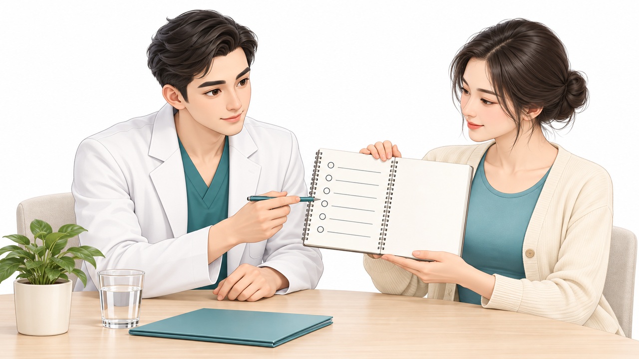 상담실에서 환자가 적어 온 질문 목록을 의사와 함께 확인하는 일러스트