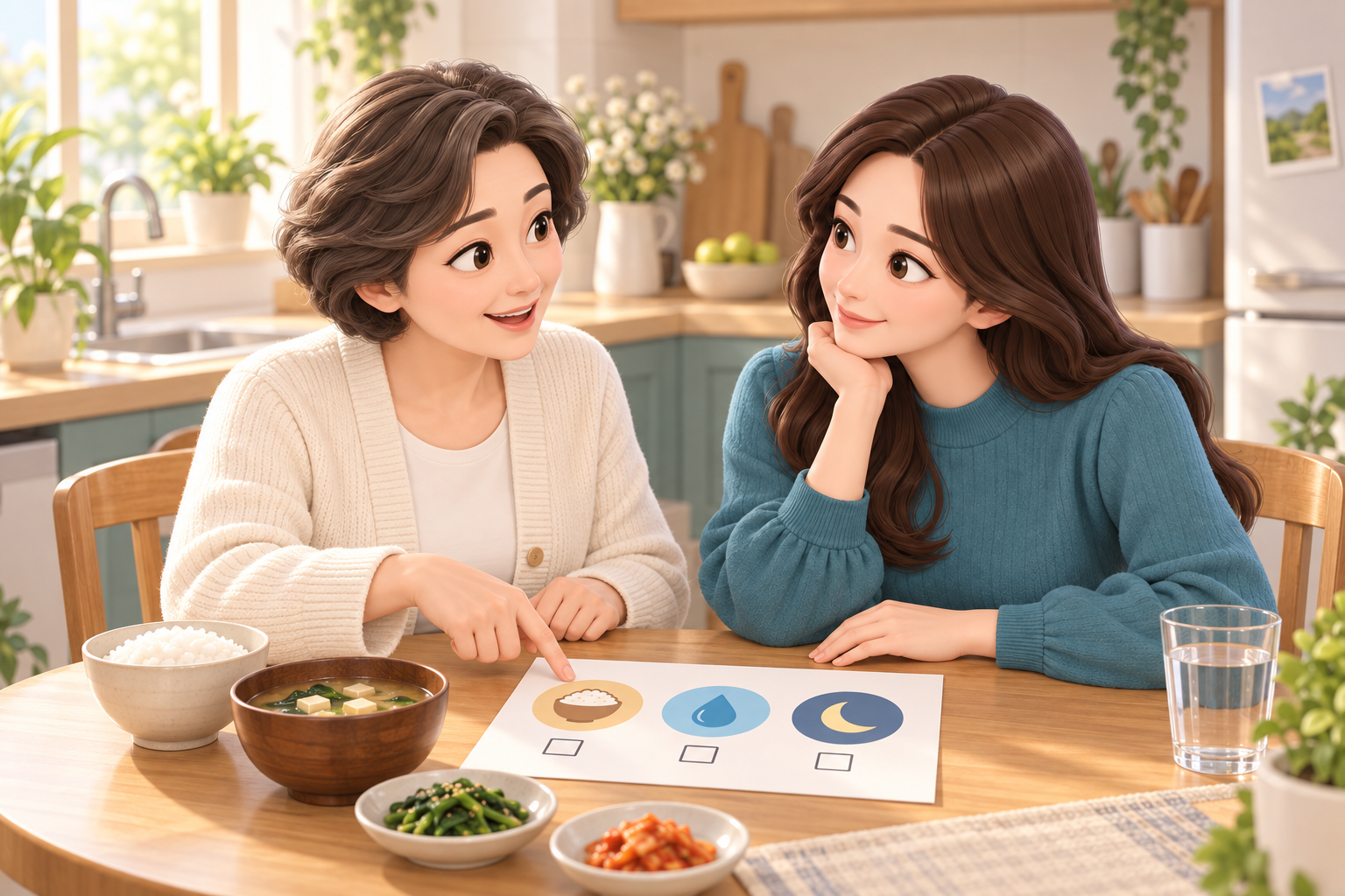 가족과 식탁에 앉아 식사와 물컵, 그림 아이콘으로 된 개인 관리 계획표를 보며 회복 중 생활 주의사항을 확인하는 3D 일러스트