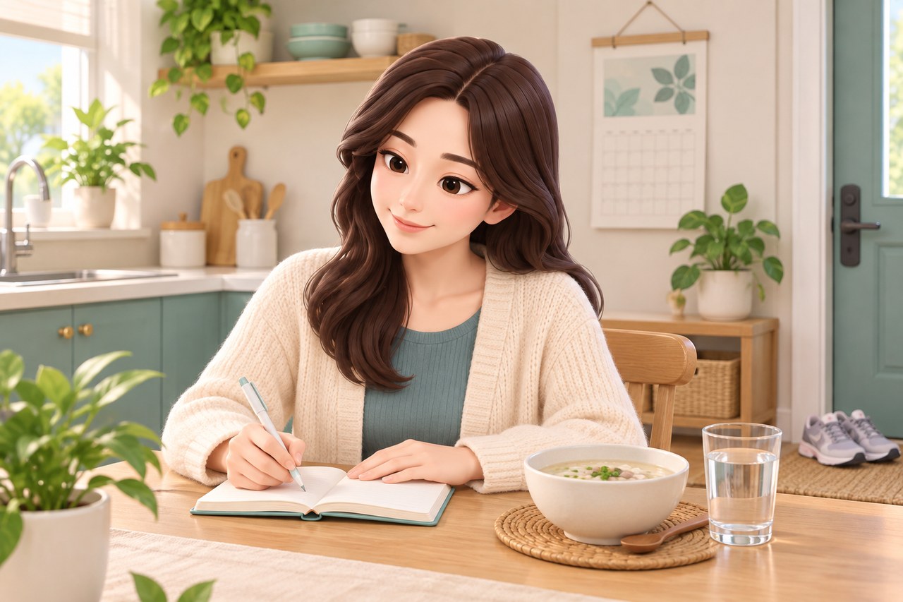 거실 식탁에서 회복 노트에 기록하는 여성과 곁에 놓인 식사, 물컵, 달력, 운동화를 표현한 3D 일러스트