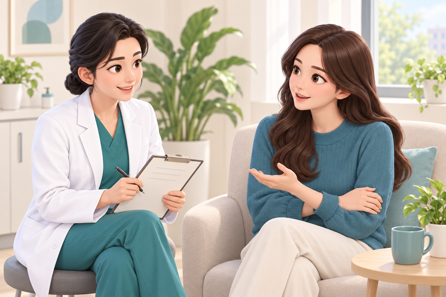 회복 경과 확인 상담에서 옷을 입은 여성이 몸 상태를 이야기하고 의료진이 글자 없는 메모를 들고 듣는 3D 일러스트