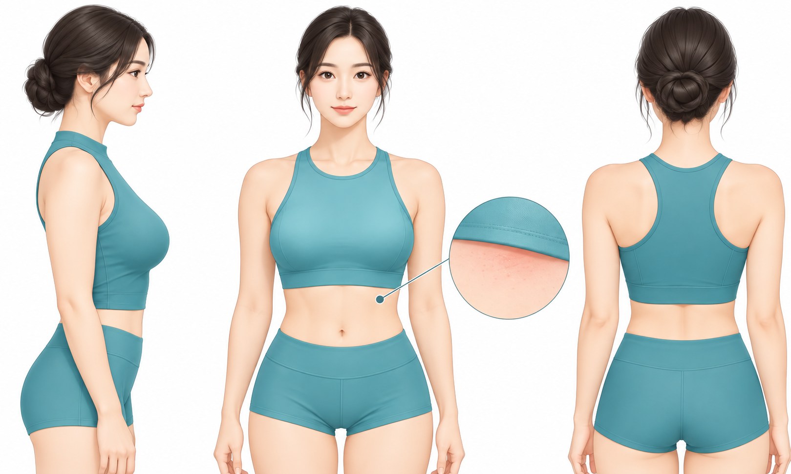 복부지방흡입 후 정면·측면·후면에서 복부와 허리 라인을 확대해 보여주는 일러스트