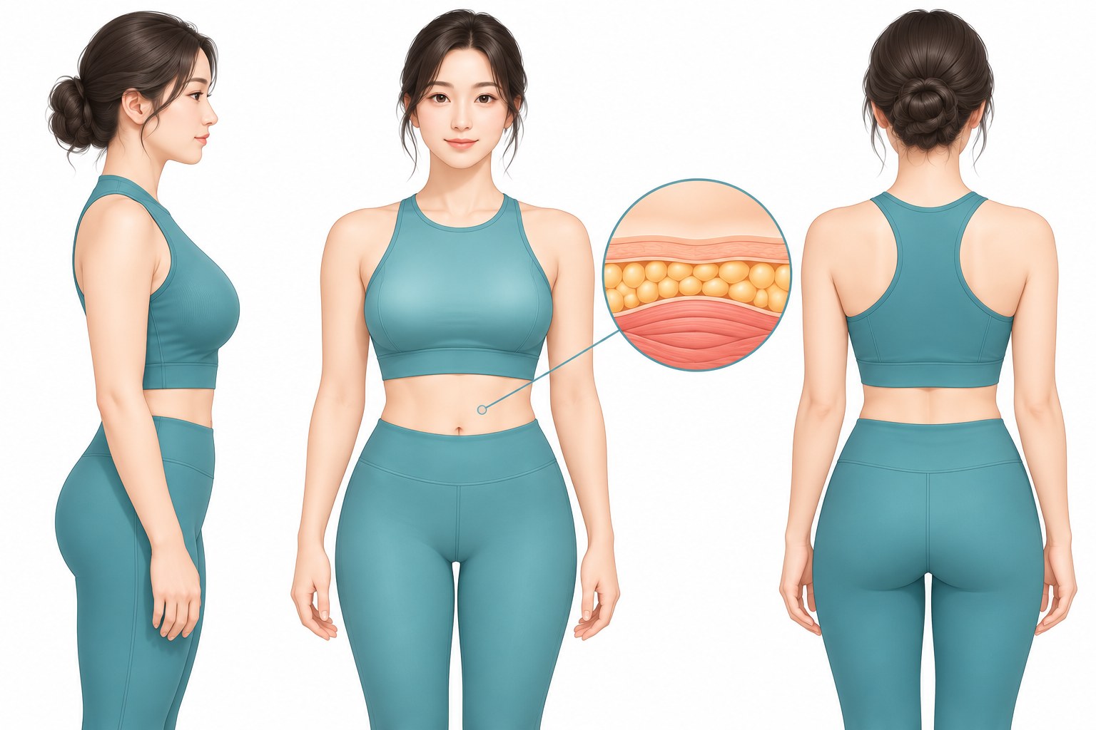 청록색 운동복을 입은 여성을 측면·정면·후면으로 나란히 그리고 복부 피부 아래 피하지방층 단면을 확대 원으로 보여주는 벡터 일러스트
