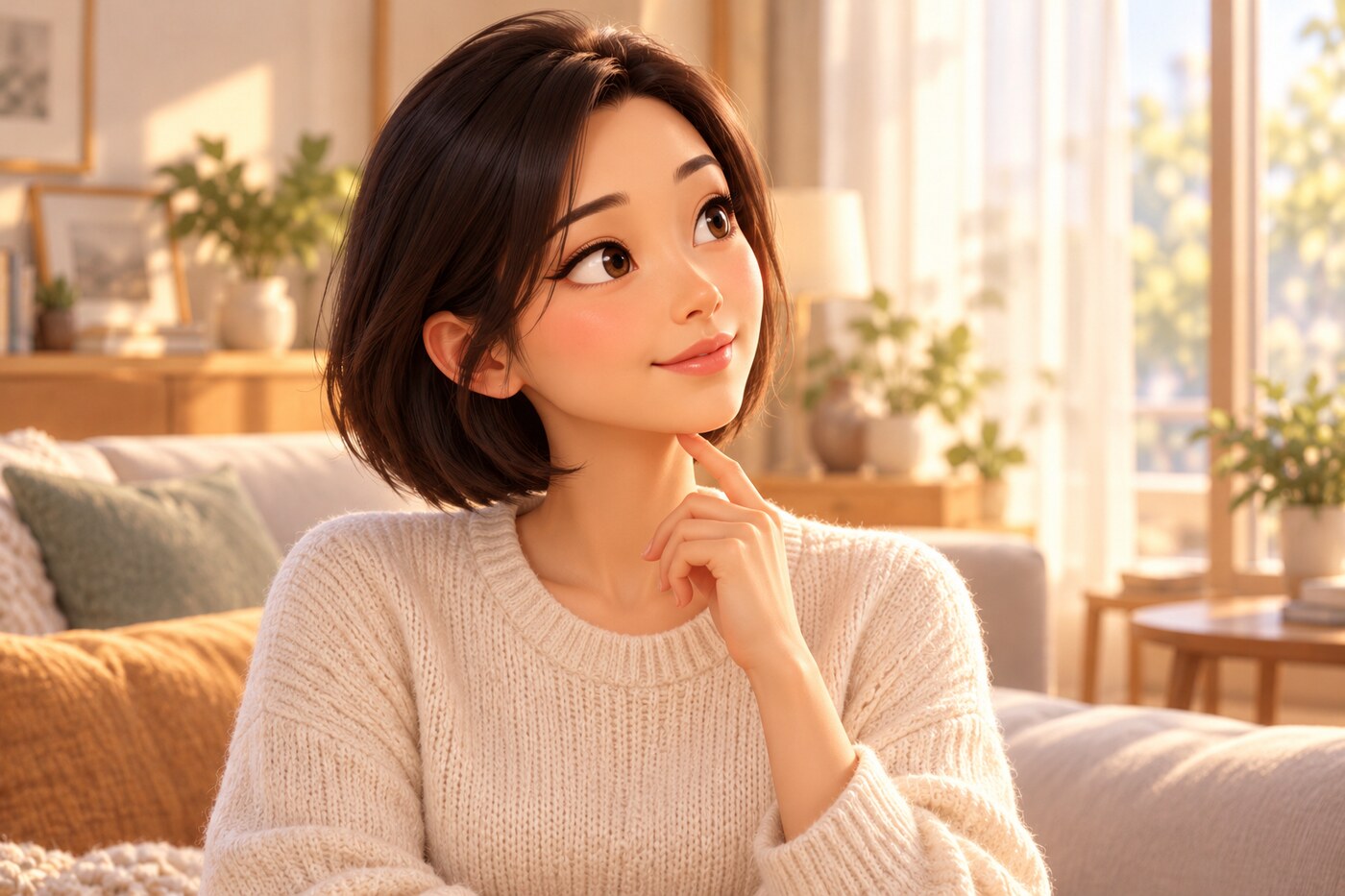 턱끝 아래에서 목으로 이어지는 선을 손끝으로 짚어 보는 여성