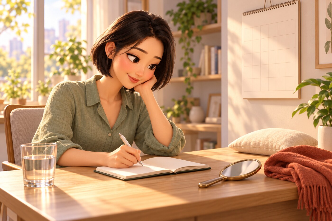 달력과 노트에 회복 경과를 적고 손거울·베개·물컵·스카프를 곁에 둔 책상