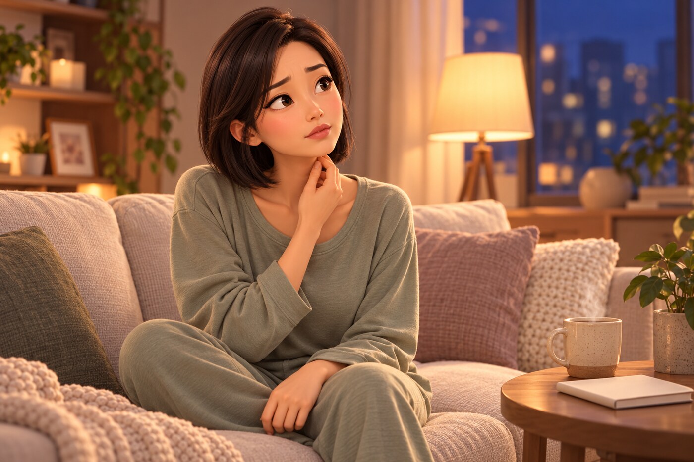 회복 중 집에서 턱 아래를 손끝으로 만져 보며 변화를 살피는 여성