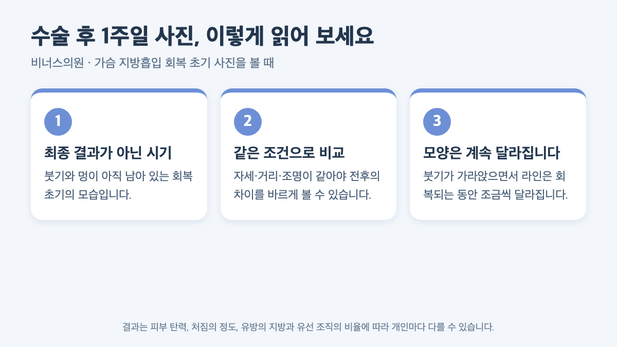 수술 후 1주일 사진을 볼 때 확인할 세 가지 기준을 정리한 인포그래픽: 최종 결과가 아닌 시기, 같은 조건으로 비교, 모양은 계속 달라진다