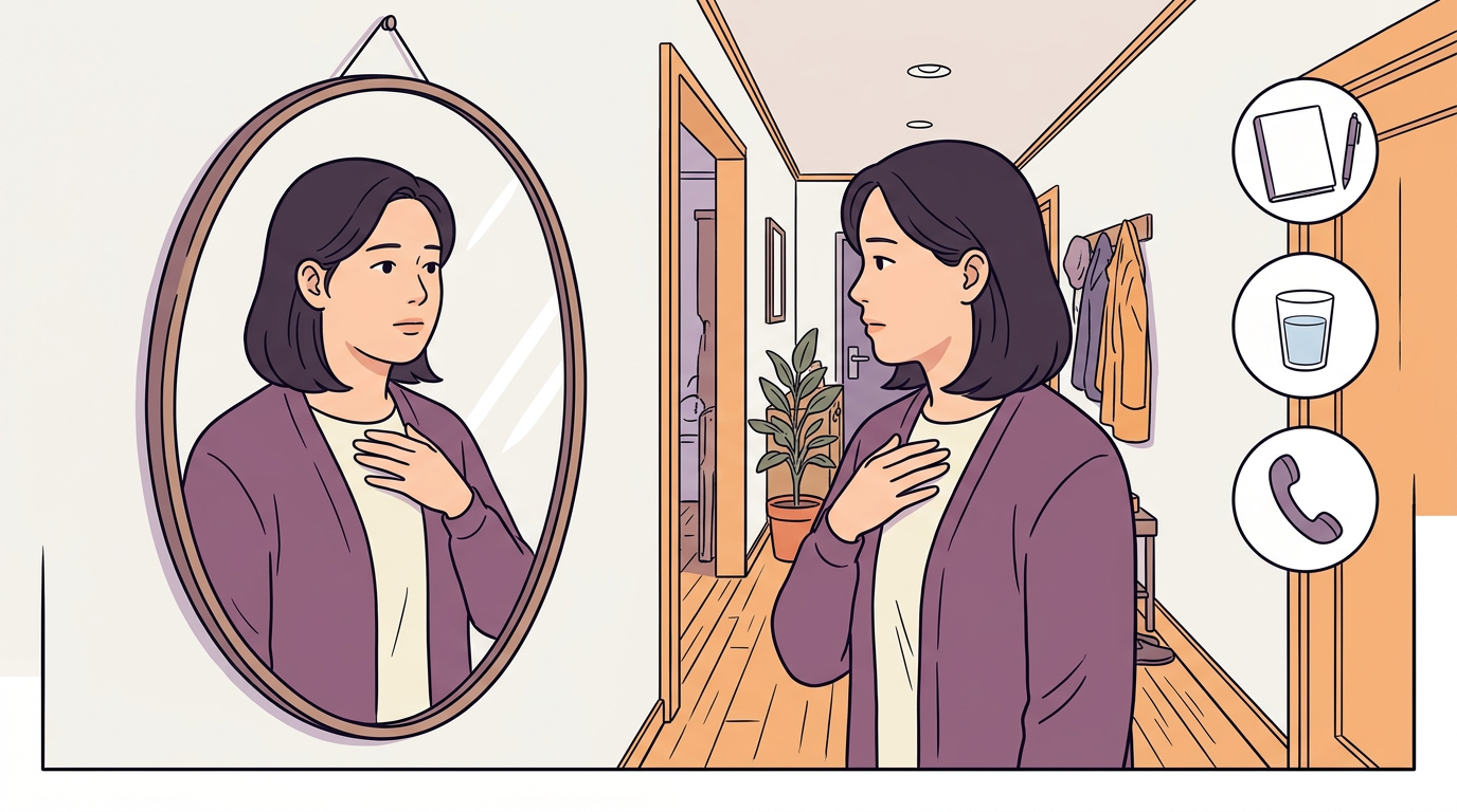 거울 앞에서 턱 밑을 만져 보며 고민하는 여성을 그린 AI 설명용 일러스트