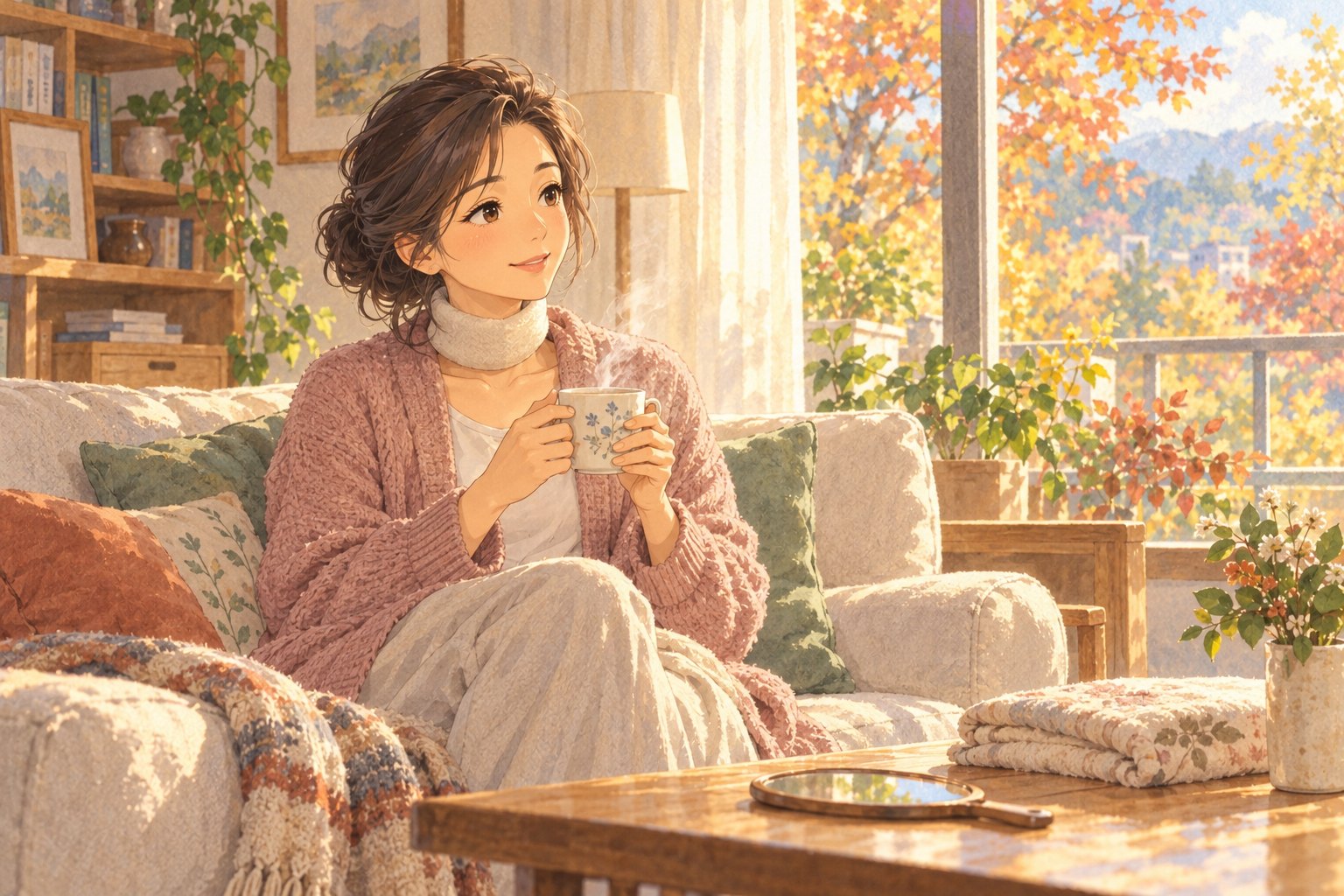 창가 소파에서 따뜻한 차를 들고 쉬는 중년 여성 — 턱지방흡입 후 회복기 일상 장면