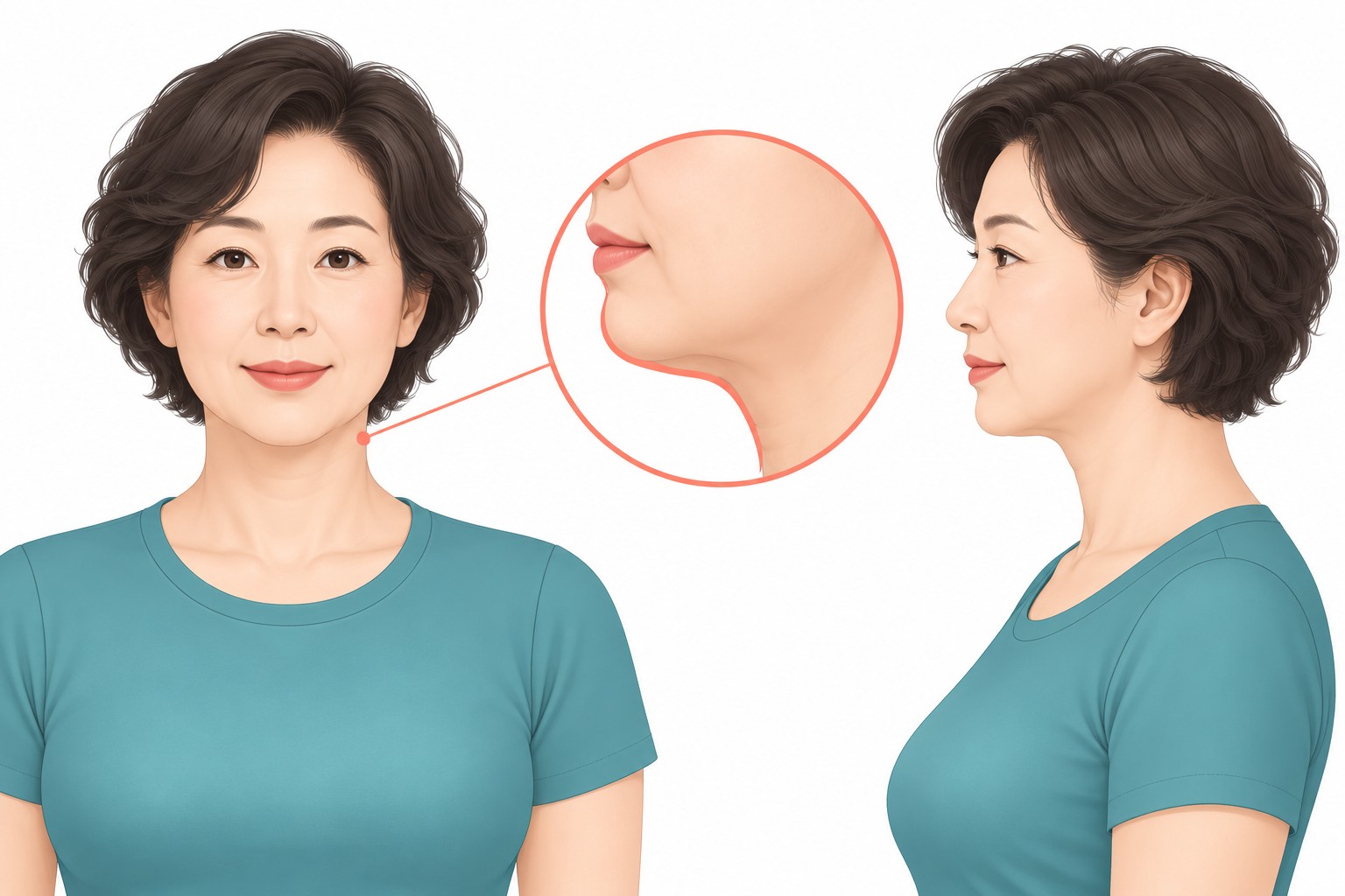 턱 지방흡입 상담에서 살펴보는 턱선과 턱밑을 정면·옆모습으로 보여주는 벡터 일러스트