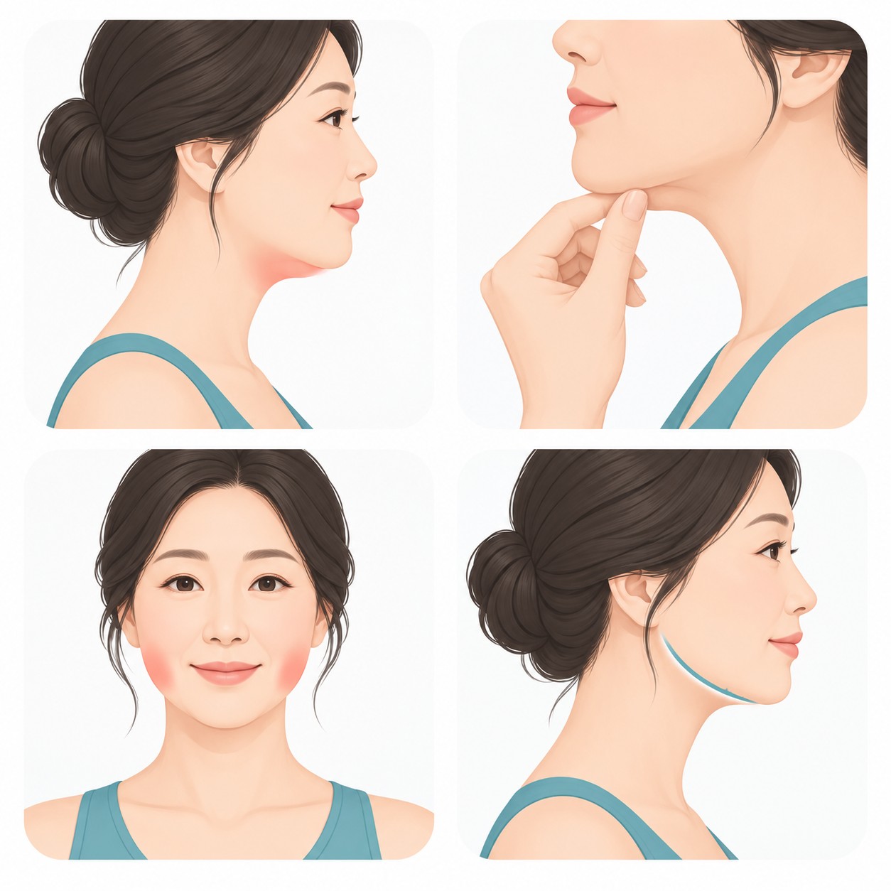 턱 지방흡입 범위를 정하는 네 가지 조건 — 턱밑 지방 위치, 피부 탄력, 볼 아래, 턱선을 표시한 얼굴 아이콘