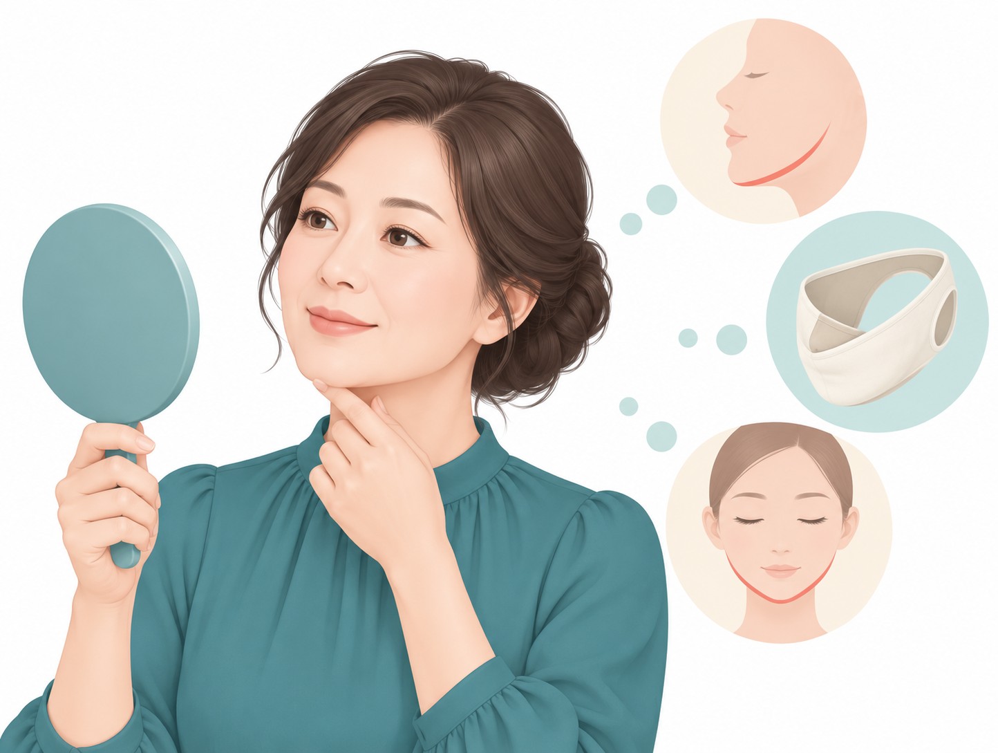 손거울을 들고 턱밑을 만지며 턱 지방흡입 범위를 고민하는 중년 여성 벡터 일러스트
