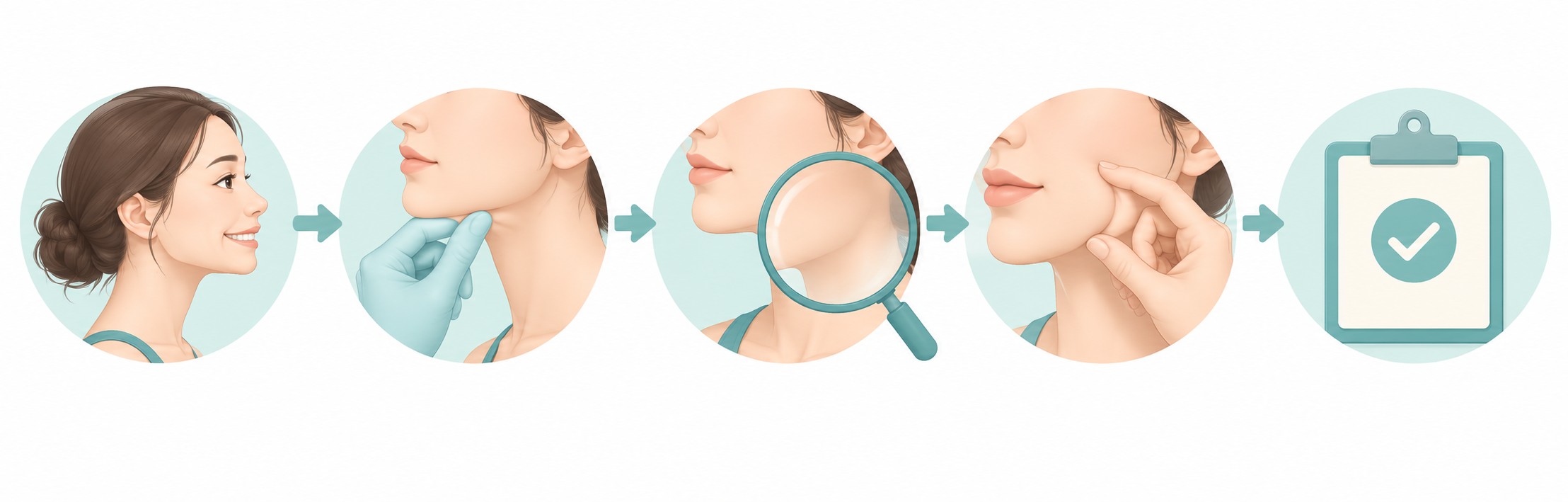 턱 지방흡입 상담에서 범위를 정하는 다섯 걸음 — 입 벌리기, 턱밑 촉진, 턱선 확인, 피부 탄력 확인, 합의