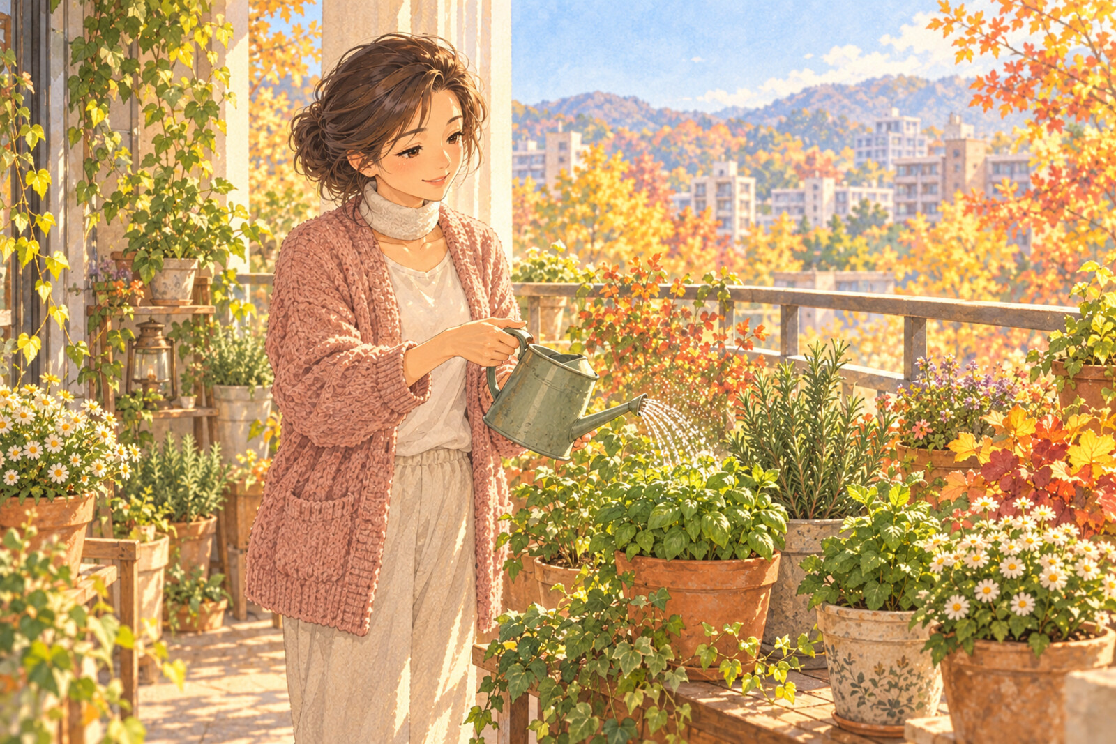 아침 베란다에서 화분에 물을 주며 한결 가벼워진 몸을 느끼는 중년 여성 — 회복기 일상
