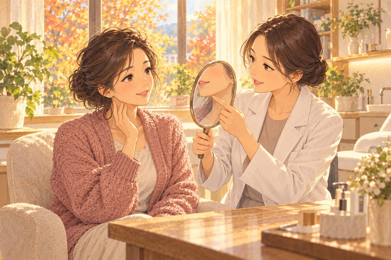 진료실에서 의사가 손거울을 들어 환자와 함께 턱선을 살펴보는 모습